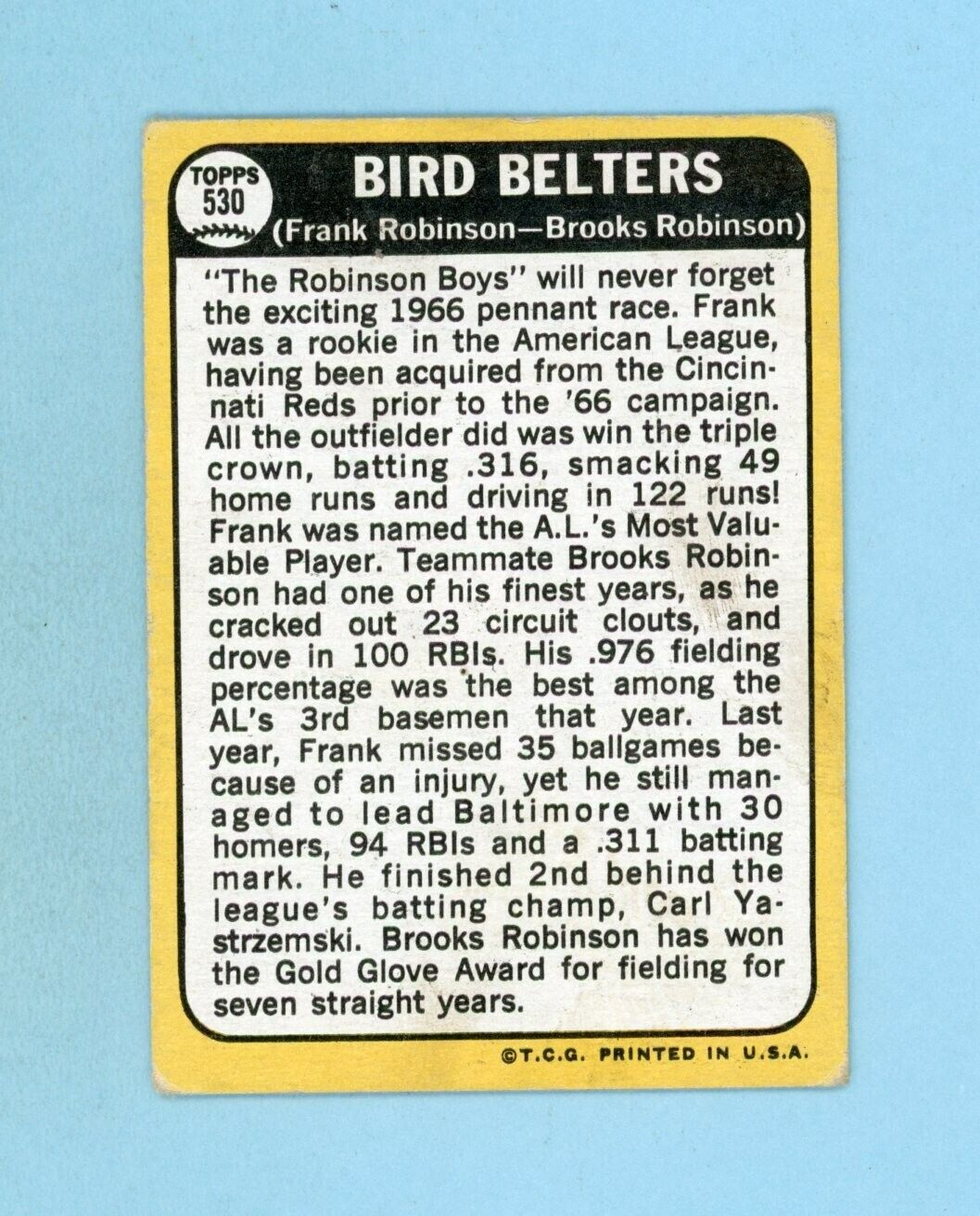 1968 Topps #530 Bird Belters Frank & Brooks Robinson Baseball Card Vg/Ex sm cres