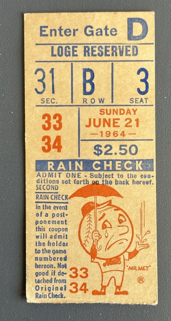 June 21, 1964 New York Mets Ticket Stub vs Phillies - Jim Bunning Perfect Game