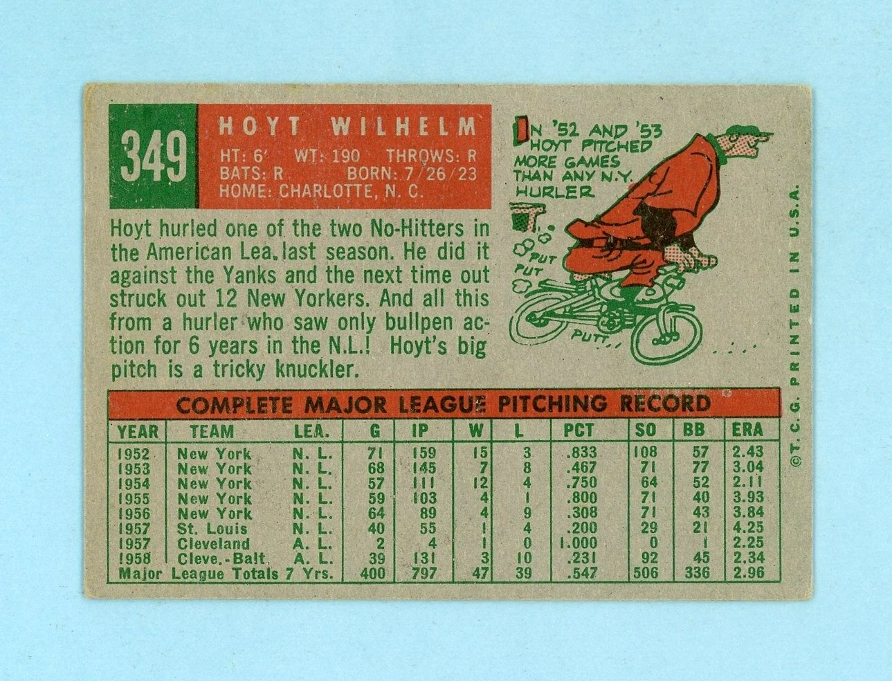 1959 Topps #349 Hoyt Wilhelm Baltimore Orioles Baseball Card Vg/Ex