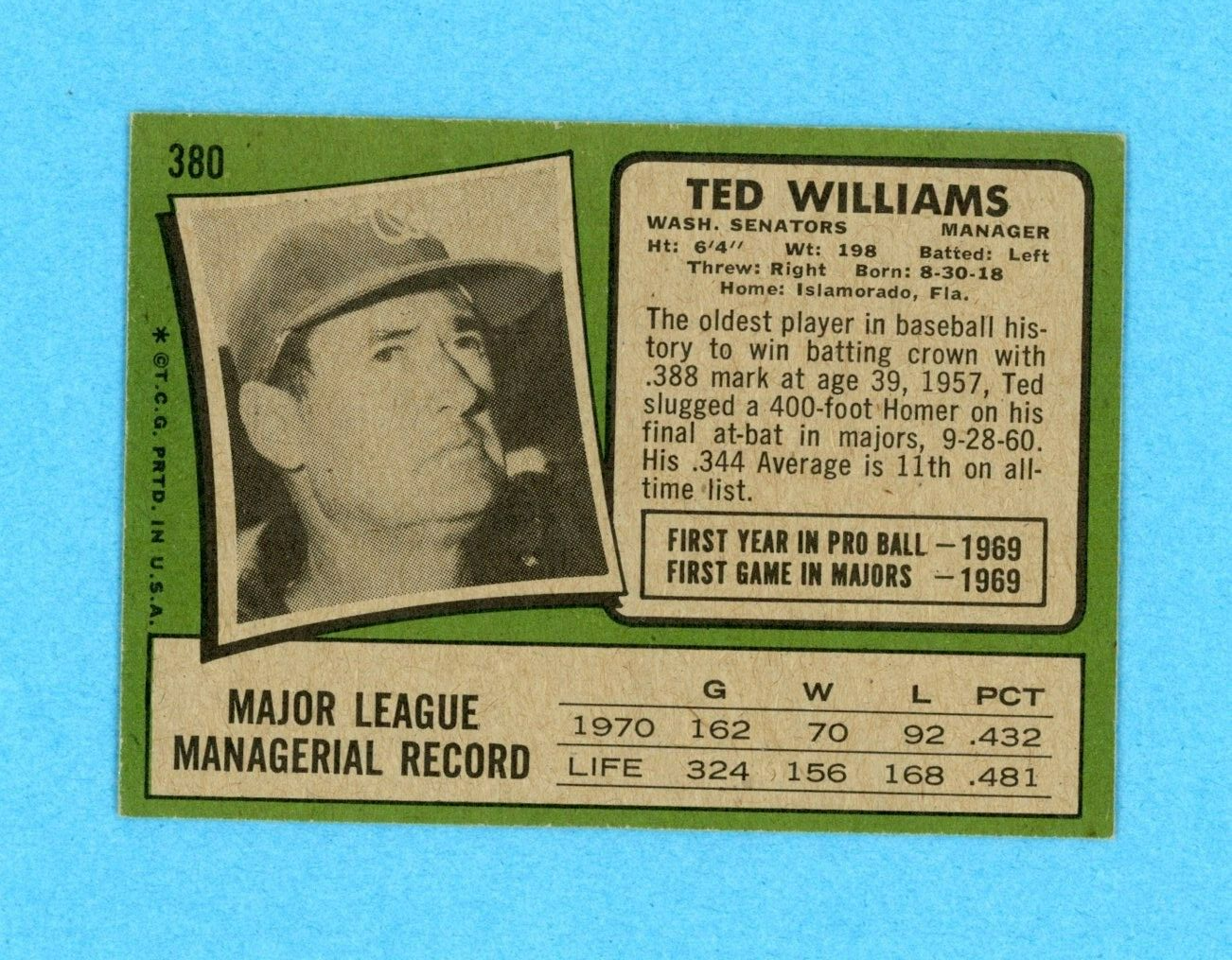 1971 Topps #380 Ted Williams Washington Senators Baseball Card EX - EX+