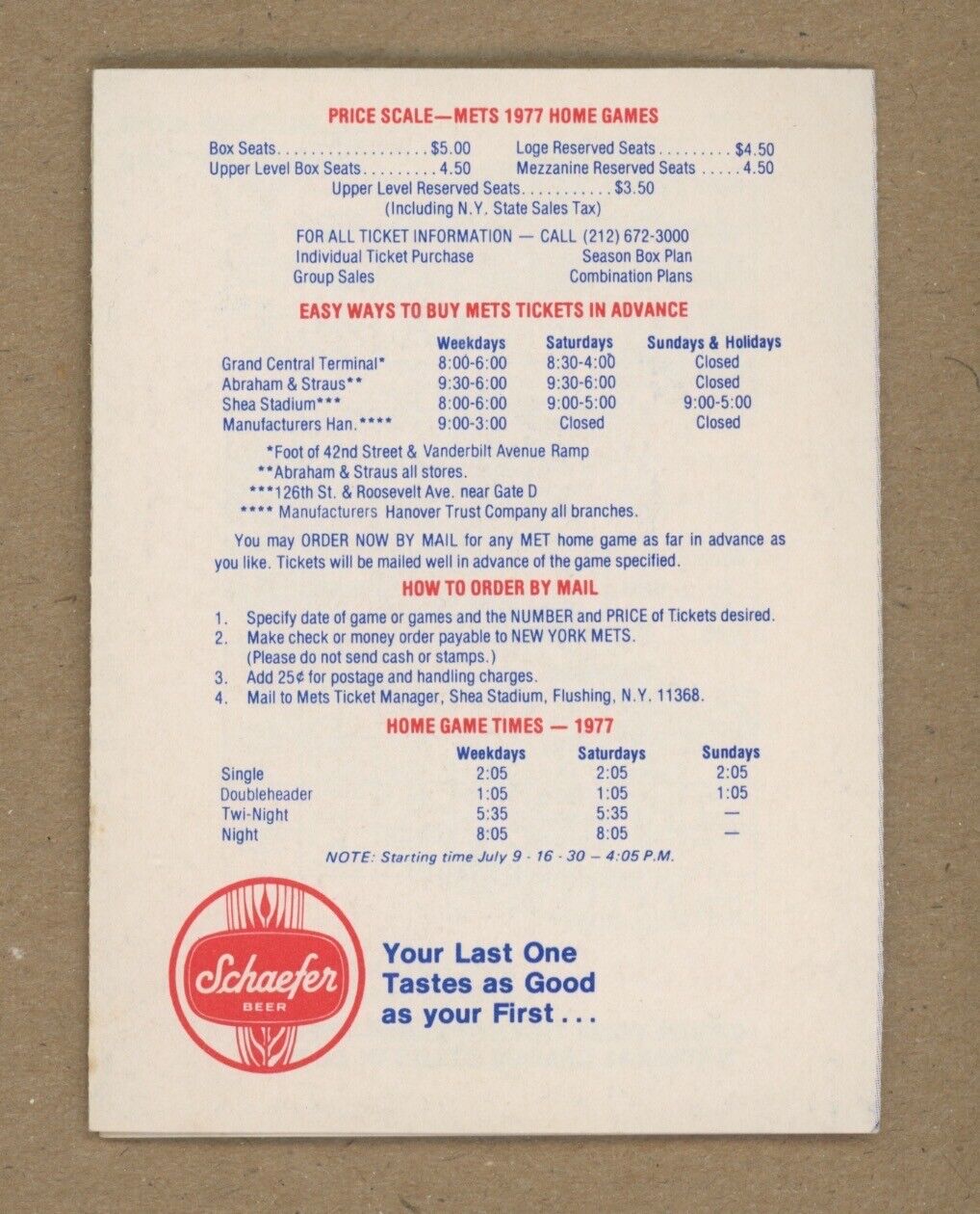 1977 New York Mets Pocket Schedule