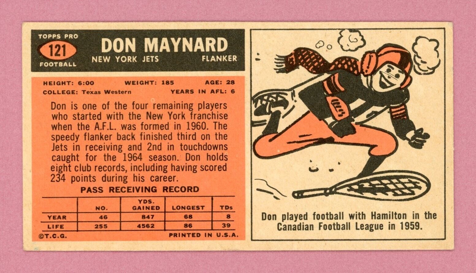 1965 Topps #121 Don Maynard New York Jets Football Card EX slight warp