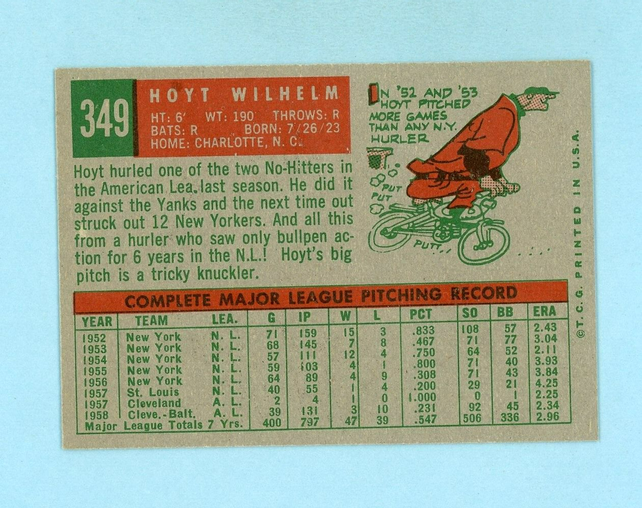 1959 Topps #349 Hoyt Wilhelm Baltimore Orioles Baseball Card NM o/c