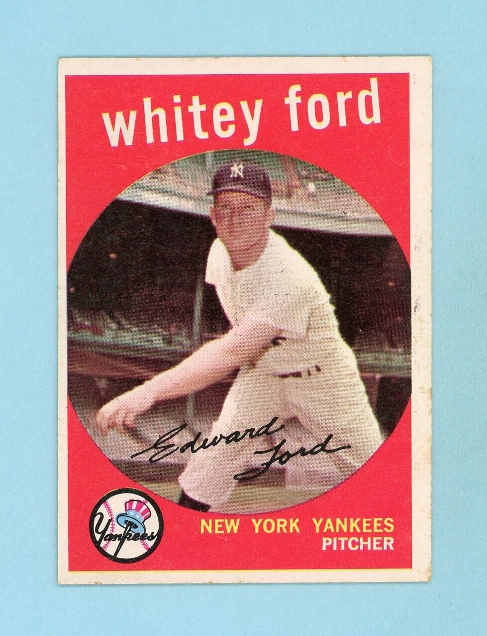 1959 Topps #430 Whitey Ford New York Yankees Baseball Card Ex-Ex+ oc sta/scr