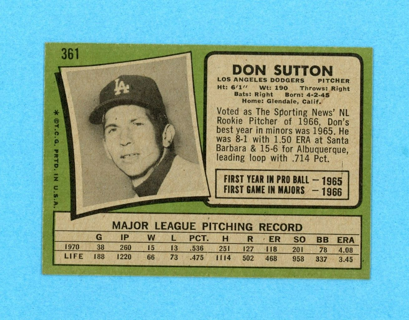 1971 Topps #361 Don Sutton Los Angeles Dodgers Baseball Card Ex/Mt - NM