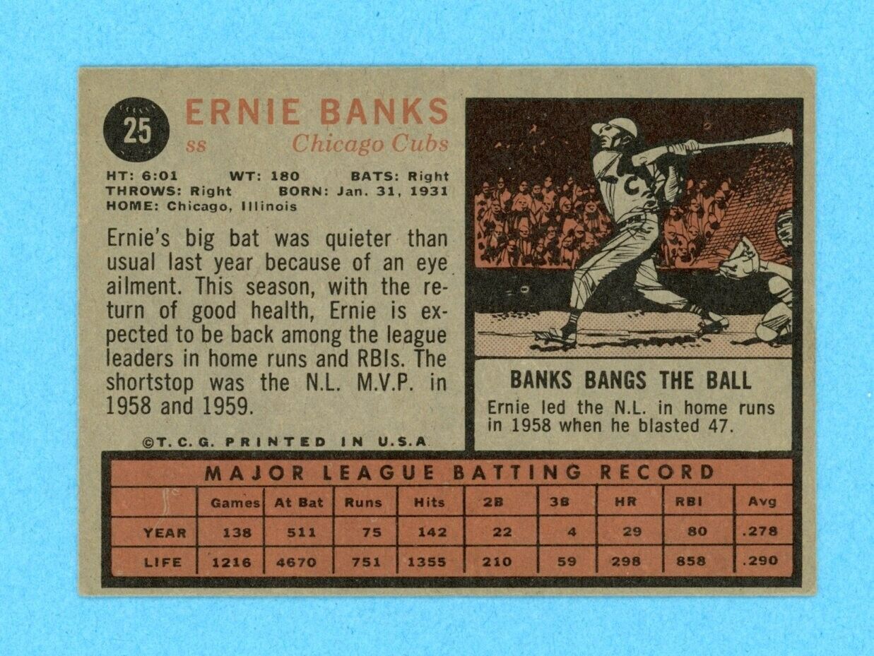 1962 Topps #25 Ernie Banks Chicago Cubs Baseball Card EX