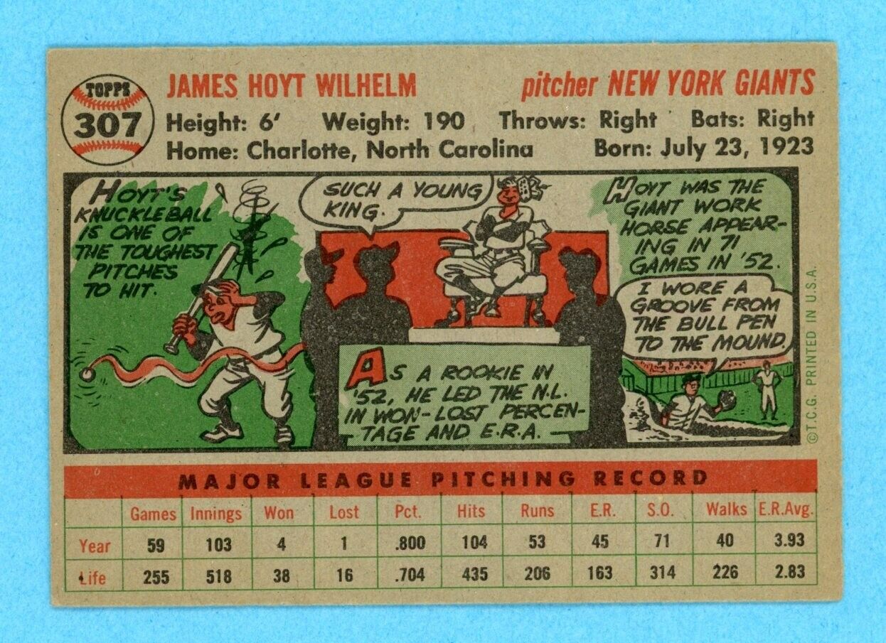 1956 Topps #307 Hoyt Wilhelm New York Giants Baseball Card EX+ - Ex/Mt