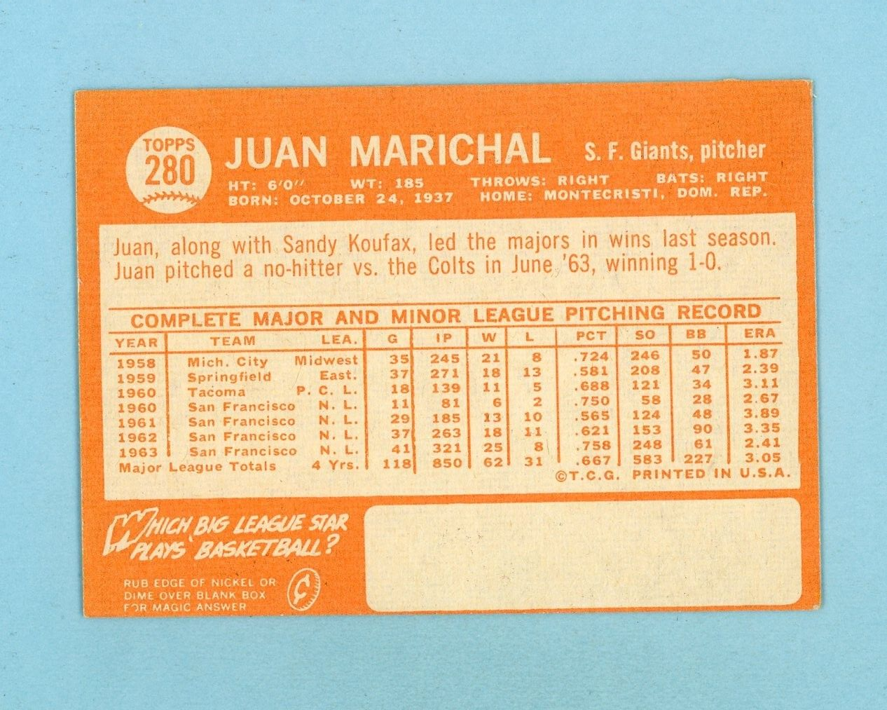 1964 Topps #280 Juan Marichal San Francisco Giants Baseball Card EX - EX+ o/c