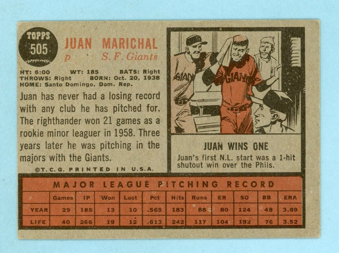 1962 Topps #505 Juan Marichal SF Giants Semi High Number Baseball Card EX oc twc