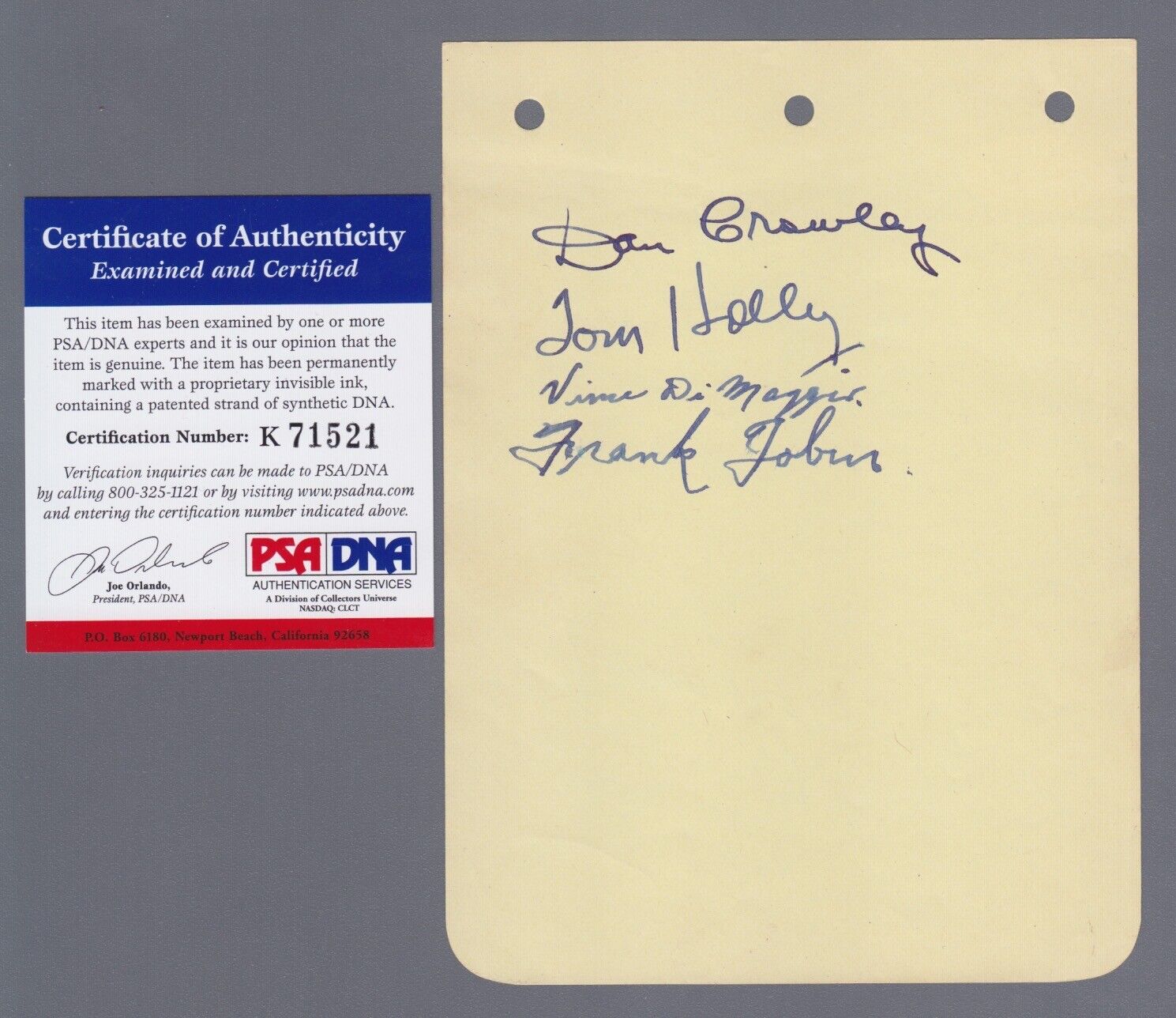 5 Signatures PSA DNA Signed Page - V. DiMaggio, Tobin, Holly, Crawley, J. Reese