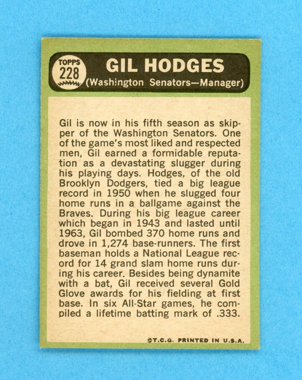 1967 Topps #228 Gil Hodges Washington Senators Baseball Card EX+