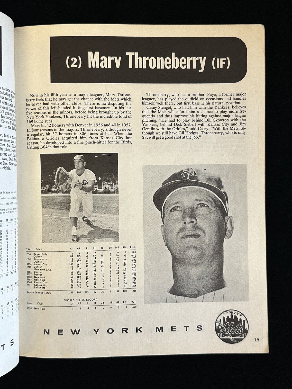 1962 New York Mets 6/25 Official REVISED Yearbook 1st Year w/ Color Ad on back