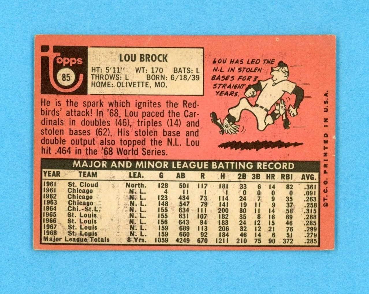 1969 Topps #85 Lou Brock St Louis Cardinals Baseball Card VG-VG+