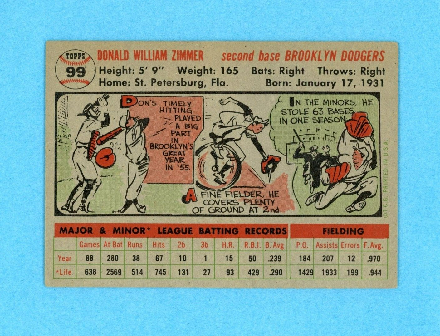 1956 Topps #99 Don Zimmer Brooklyn Dodgers Baseball Card EX++ app sm w/c te rse