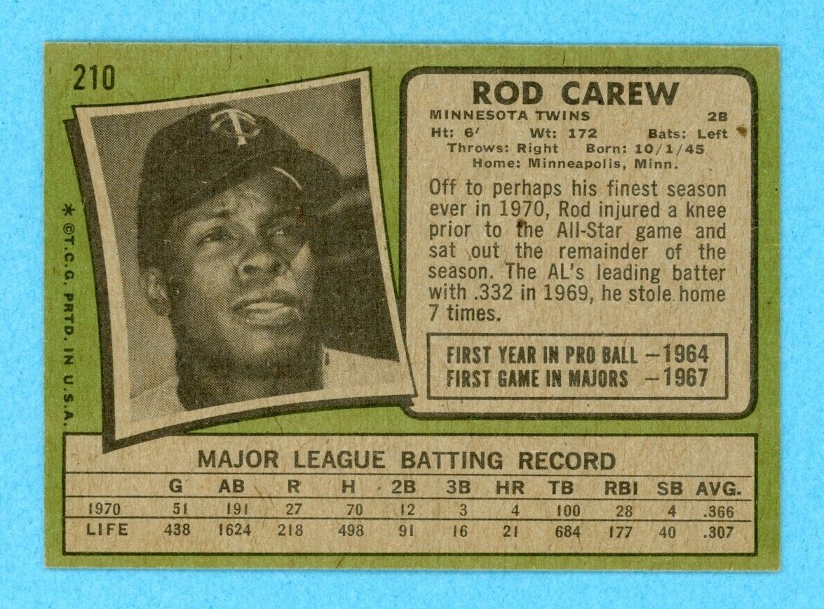 1971 Topps #210 Rod Carew Minnesota Twins Baseball Card Ex/Mt - NM