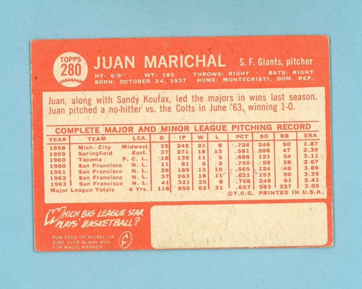 1964 Topps #280 Juan Marichal San Francisco Giants Baseball Card EX o/c wrks bk