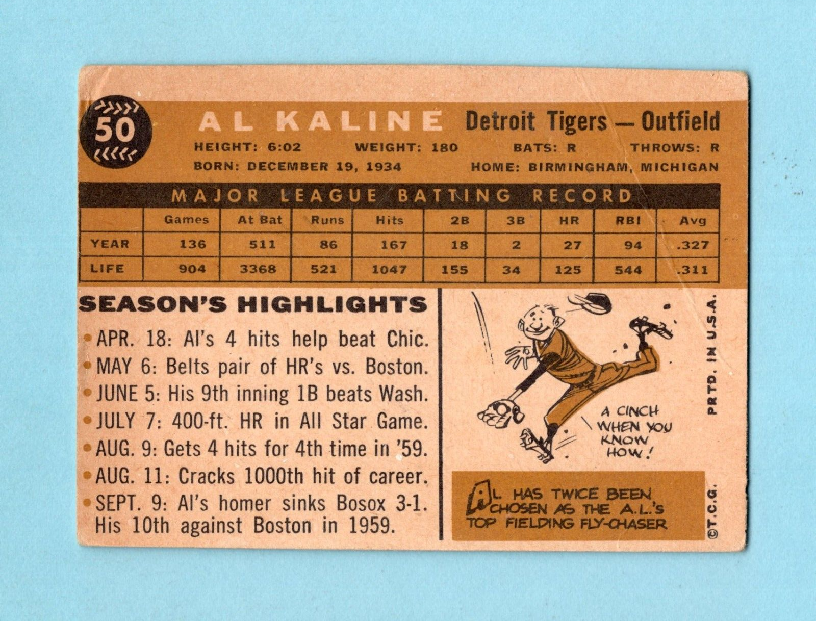 1960 Topps #50 Al Kaline Detroit Tigers Baseball Card Low Grade