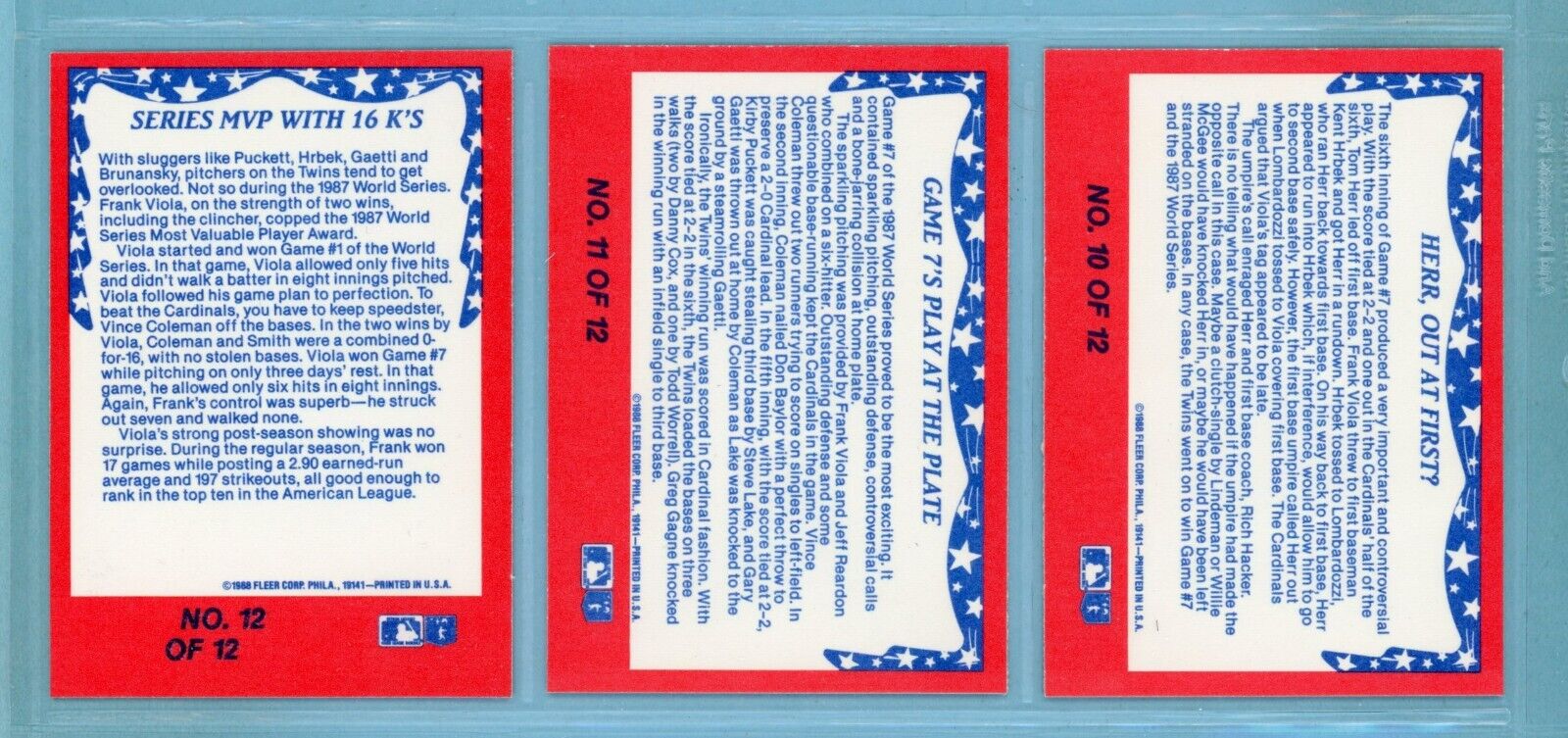 1988 Fleer Set of 12 1987 World Series Special Baseball Cards NM