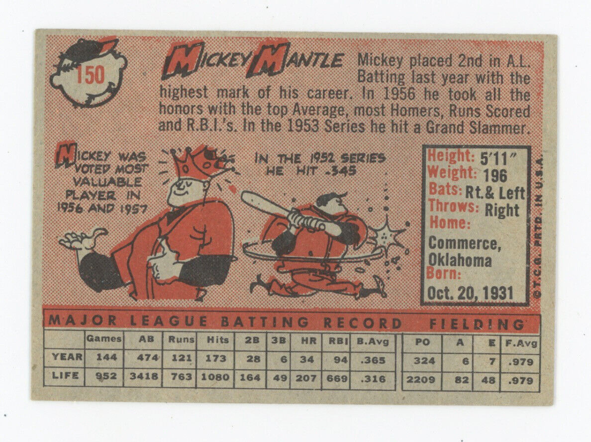 Mickey Mantle 1958 Topps Card #150 - Low Grade