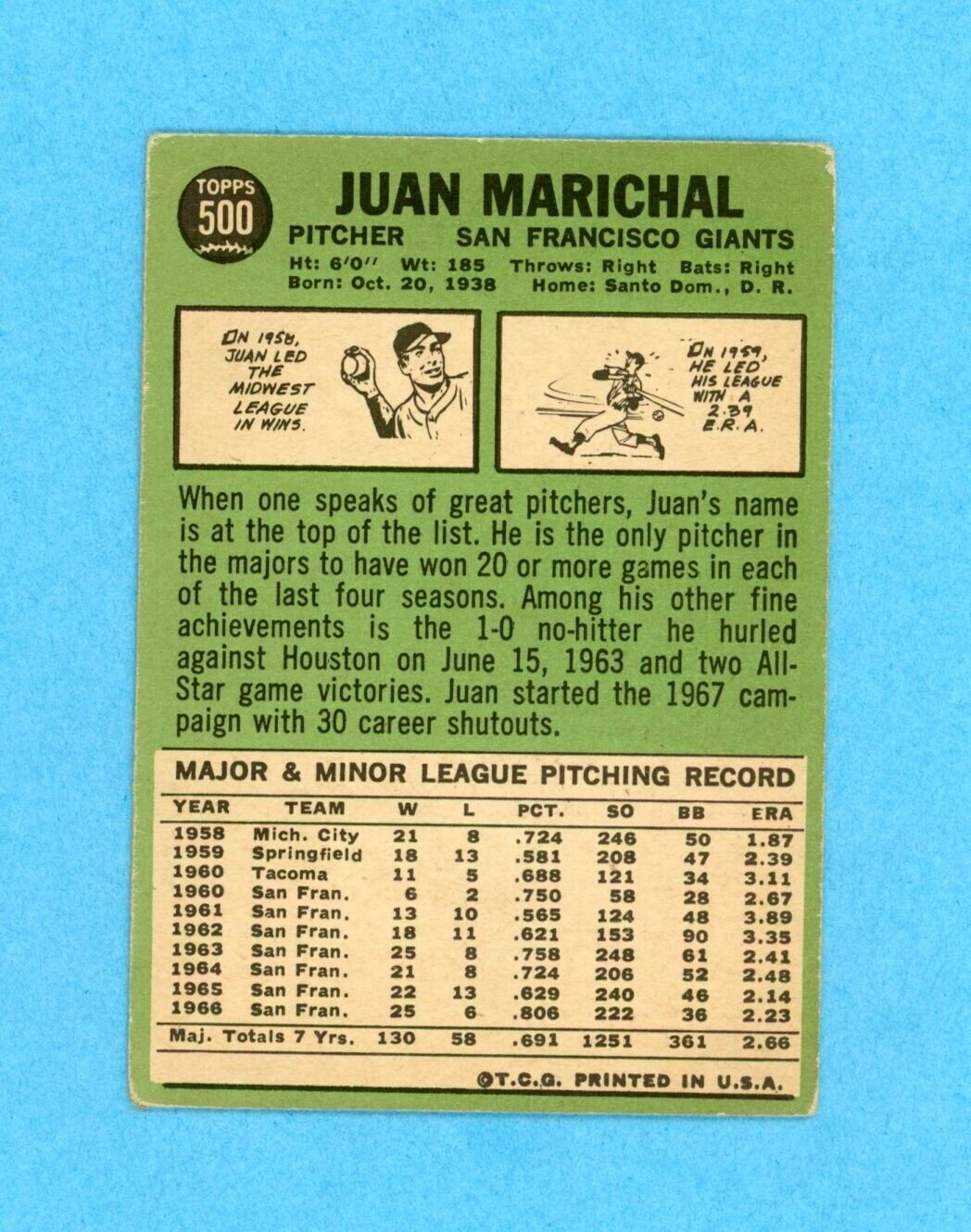 1967 Topps #500 Juan Marichal San Francisco Giants Baseball Card Vg/Vg+ ap wc tr