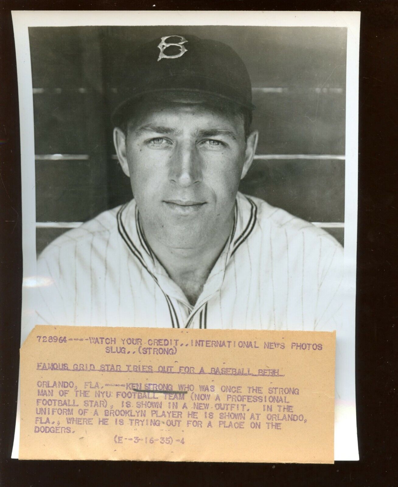 March 16 1935 Ken Strong Tries Out for Brooklyn Dodgers 6 1/2 X 8 1/2 Wire Photo