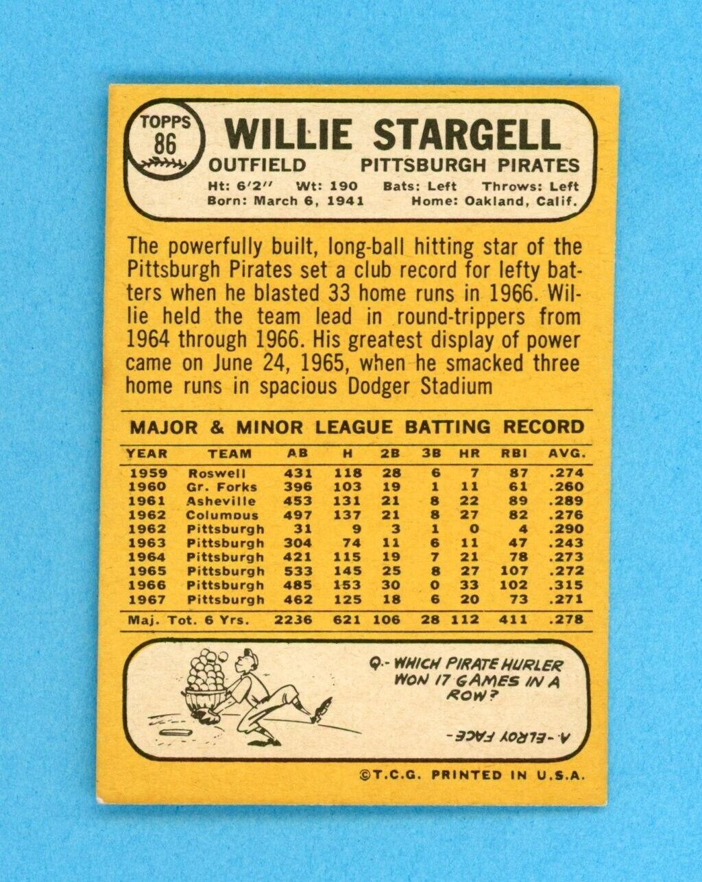 1968 Topps #86 Willie Stargell Pittsburgh Pirates Baseball Card EX+ - Ex/Mt