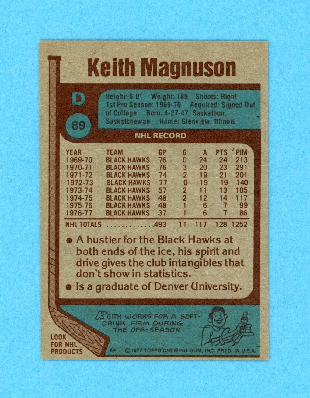 Keith Magnuson Chicago Black Hawks 1977-78 Topps #89 Autographed Hockey Card