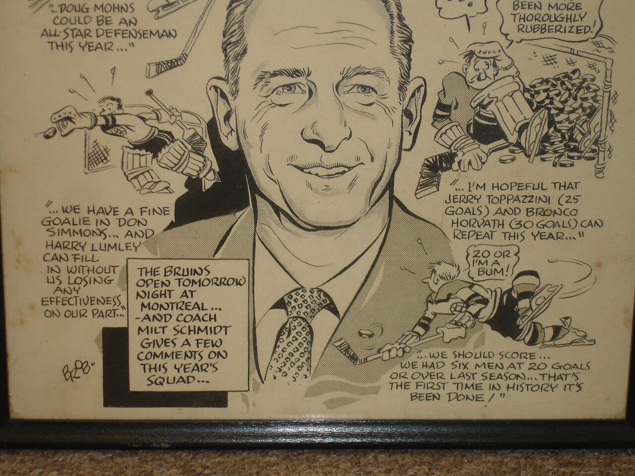 1958-59 Boston Bruins Original Artwork by BROB depicting Coach Milt Schmidt 