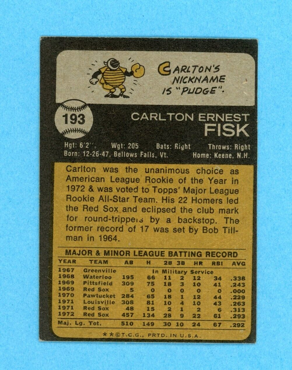 1973 Topps #193 Carlton Fisk Boston Red Sox Baseball Card EX+