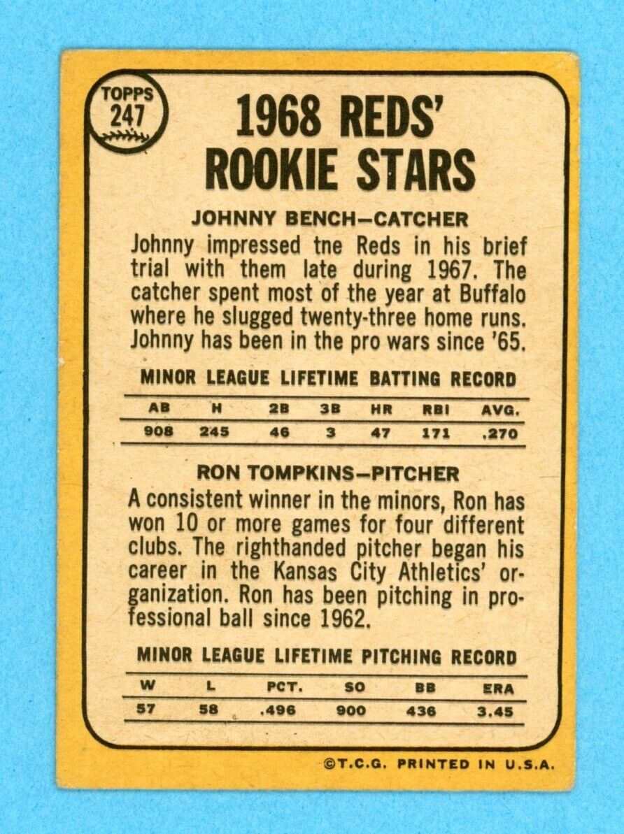 1968 Topps #247 Johnny Bench Cincinnati Reds Rookie Baseball Card VG+