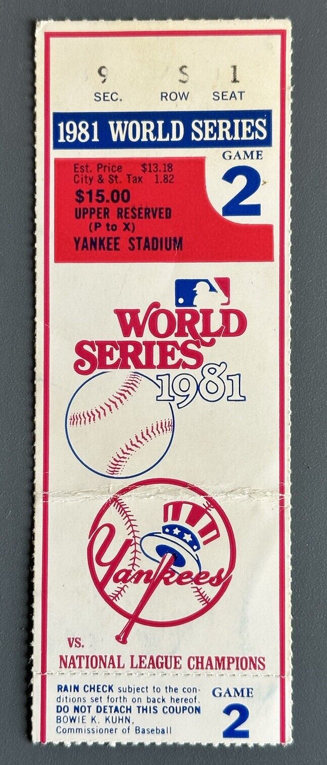 1981 World Series Ticket Stub Game 2 Dodgers @ Yankees - Yankees Win 3-0