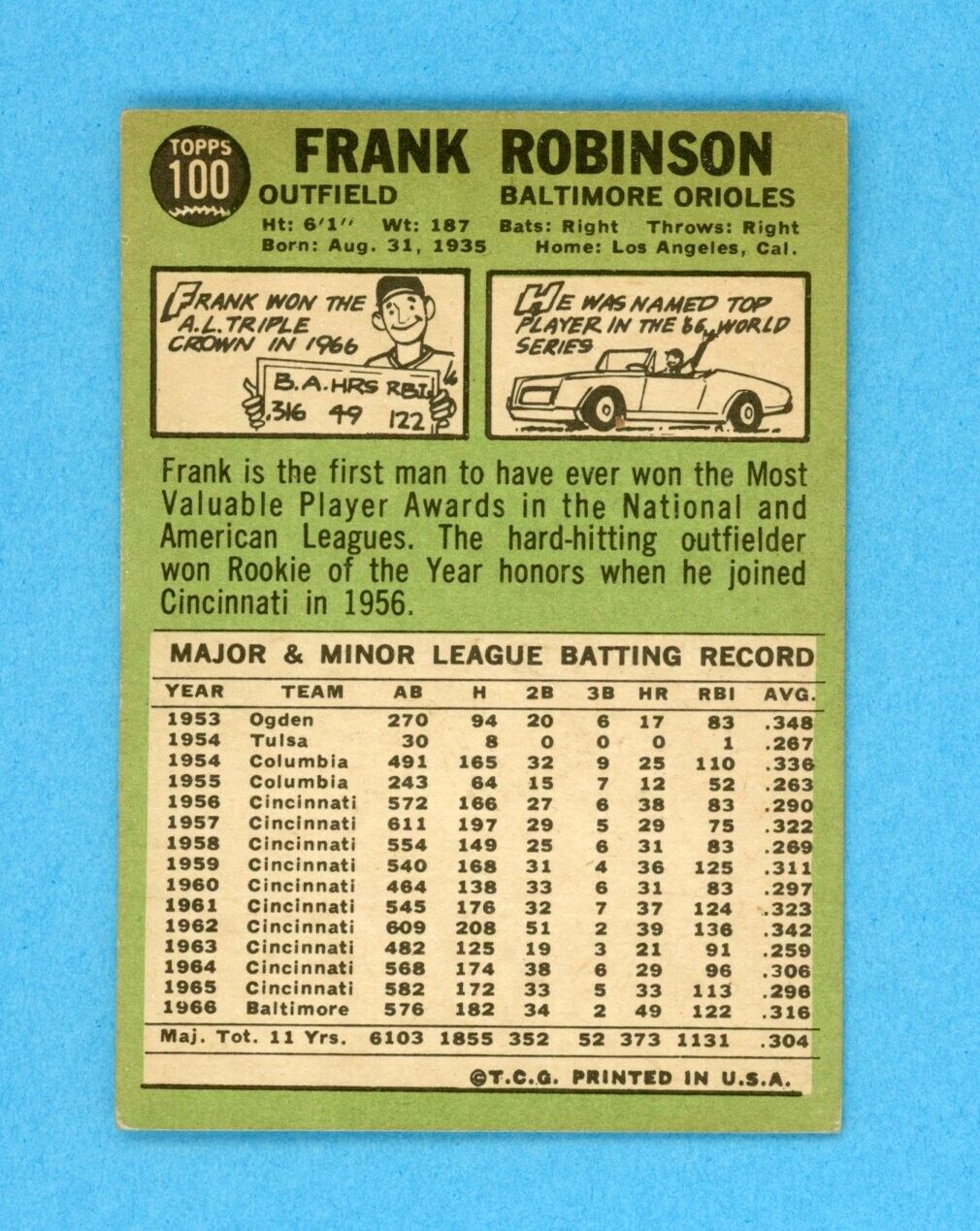 1967 Topps #100 Frank Robinson Baltimore Orioles Baseball Card EX