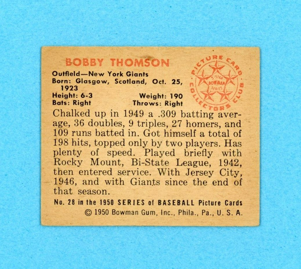 1950 Bowman #28 Bobby Thomson New York Giants Baseball Card EX