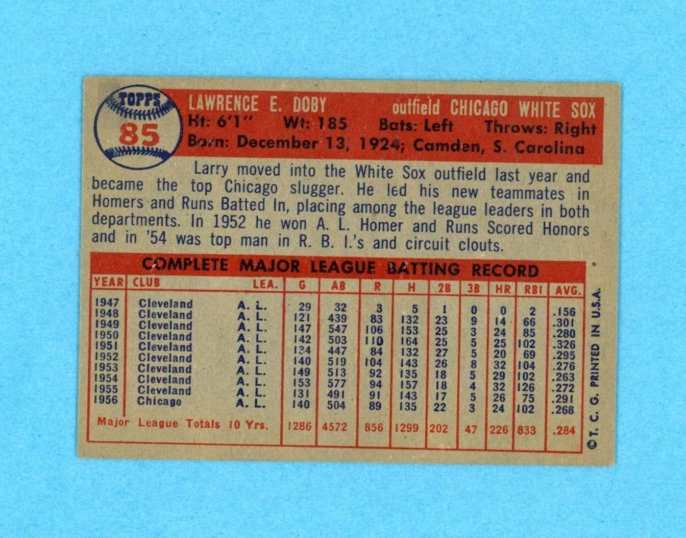 1957 Topps #85 Larry Doby Chicago White Sox Baseball Card Ex+ prt isu tl