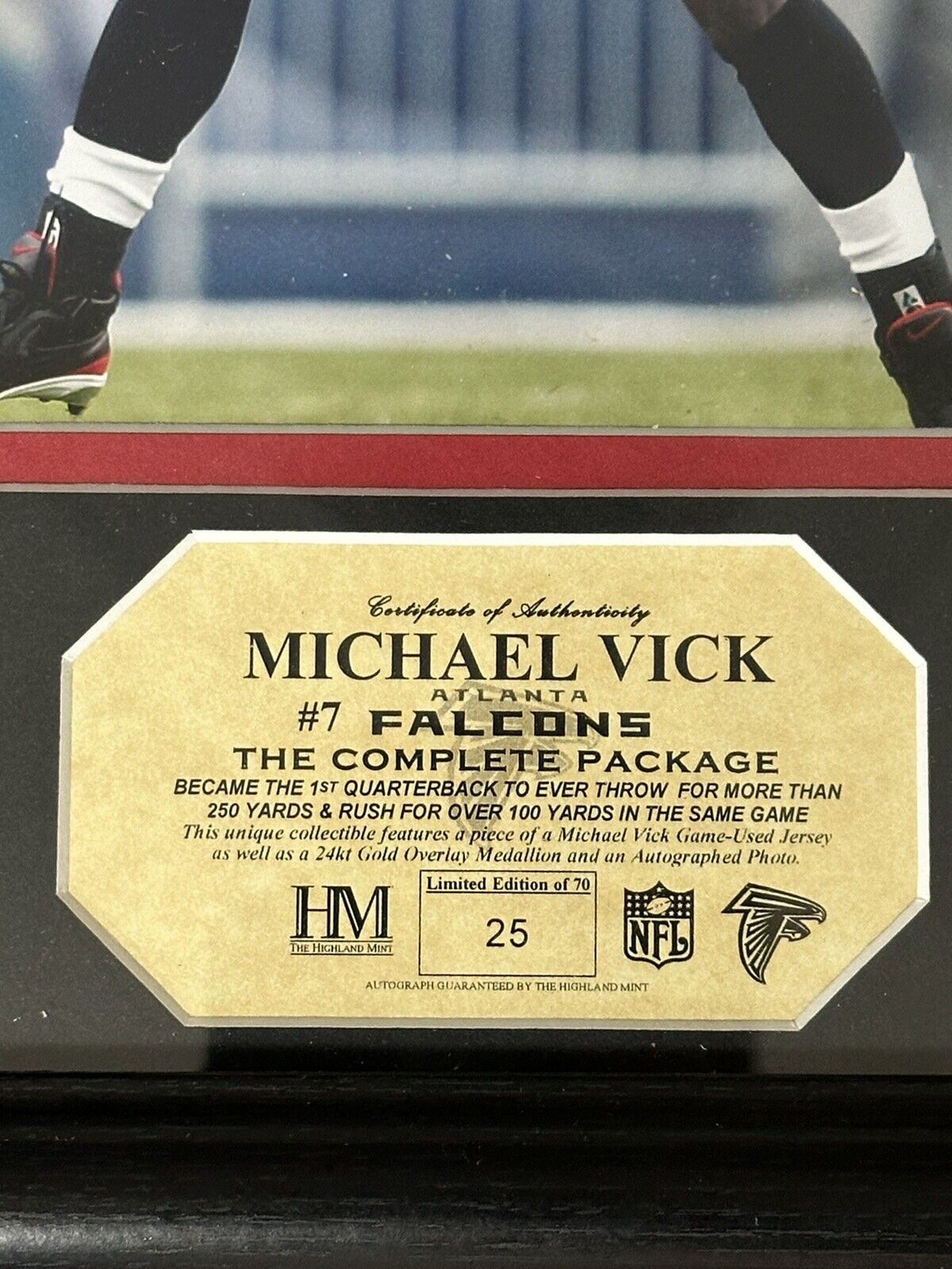 Michael Vick Atlanta Falcons SIGNED 8x10 Framed Photo w/ GAME USED Jersey Swatch