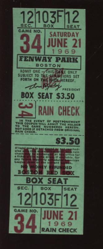 6-21 1969 Boston Red Sox Fenway Park Full Ticket NRMT