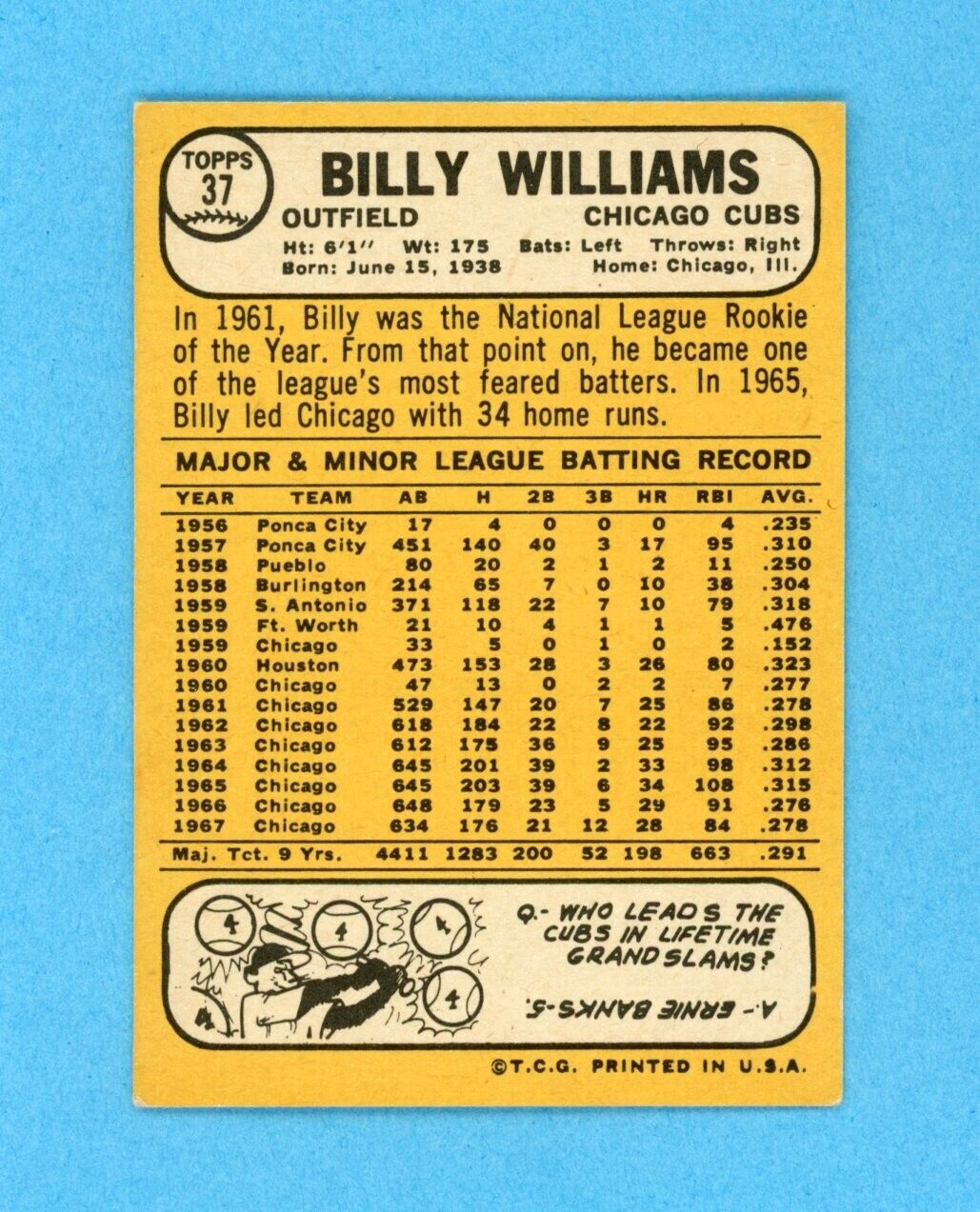 1968 Topps #37 Billy Williams Chicago Cubs Baseball Card EX+ - Ex/Mt