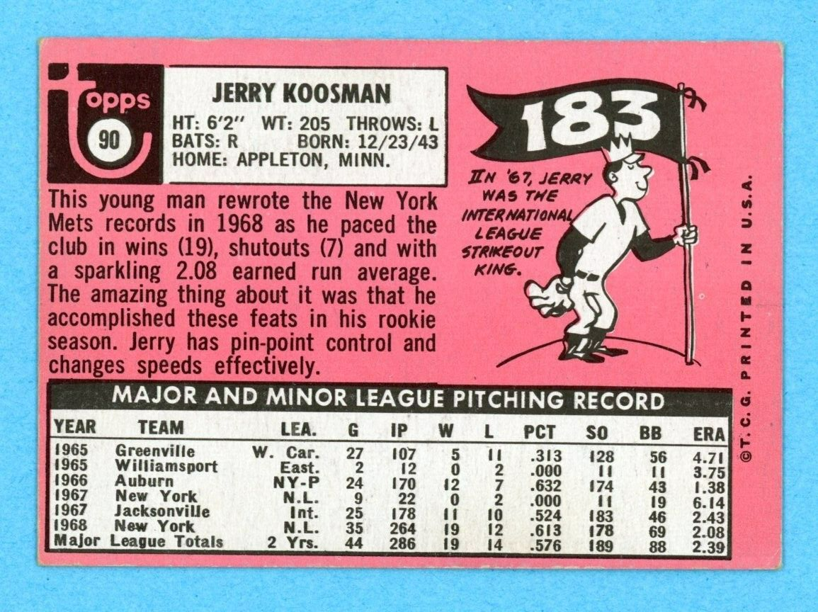 1969 Topps #90 Jerry Koosman New York Mets Baseball Card EX