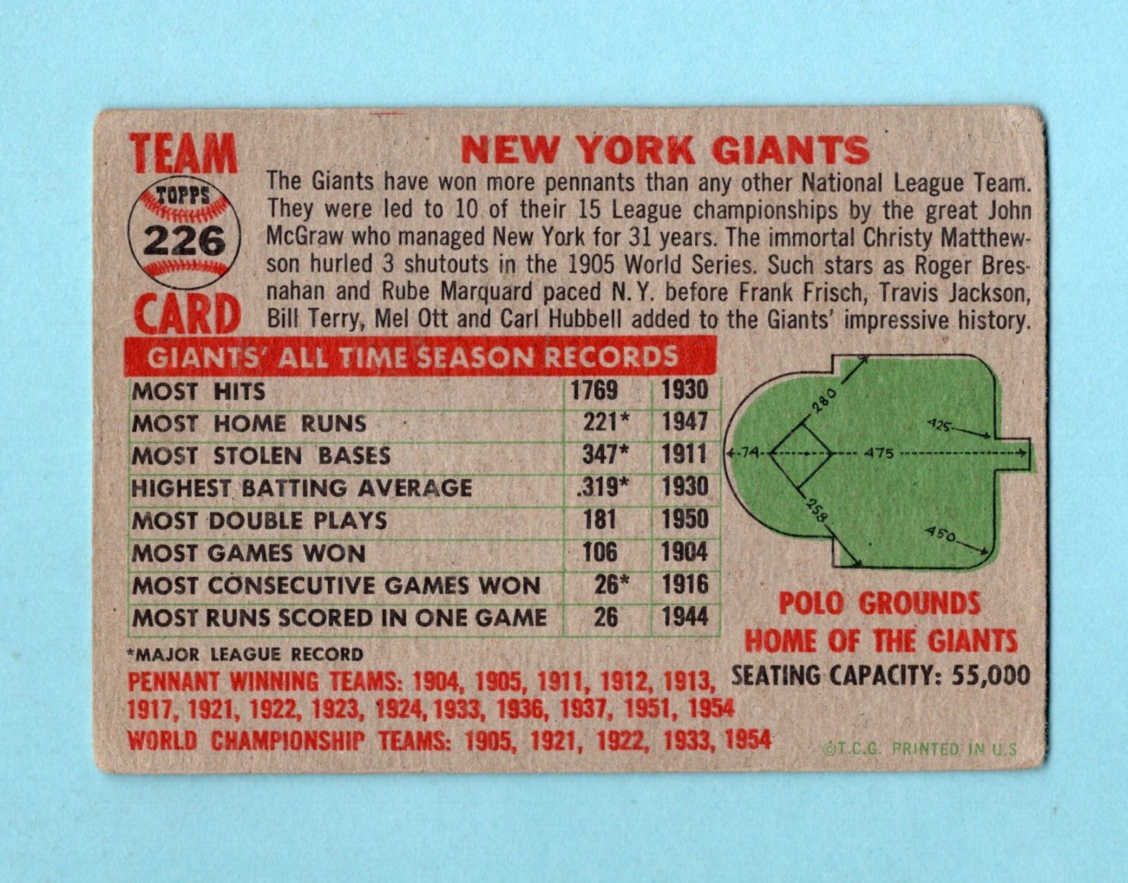 1956 Topps #226 New York Giants Team Baseball Card Low Grade