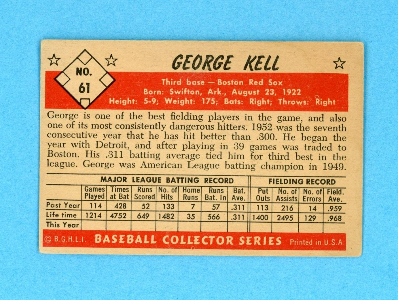 1953 Bowman Color #61 George Kell Boston Red Sox Baseball Card EX ap wrk