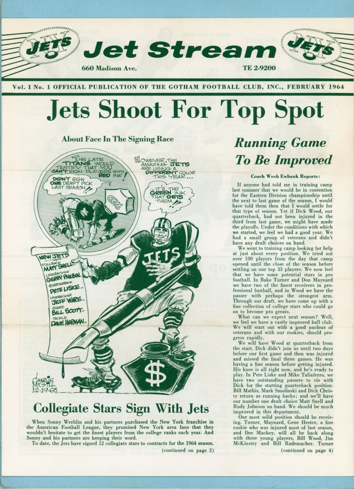 February 1964 Vol. 1 No. 1 Jet Stream New York Jets AFL Tri-Fold Newsletter