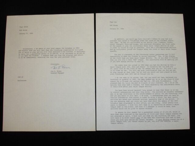 1964 Pittsburgh Pirates 2-Page Letter SIGNED by GM Joe L. Brown to player Burda