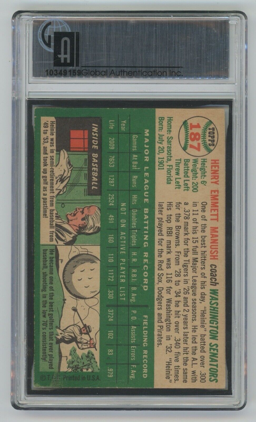 Heinie Manush 1954 Topps #187 • GAI 6.5 EX-MT