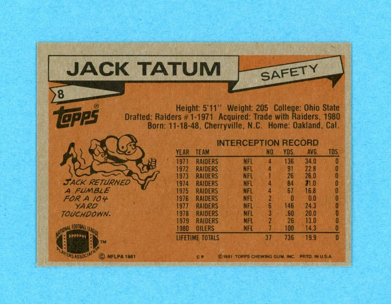 Jack Tatum Houston Oilers 1981 Topps #8 Autographed Football Card