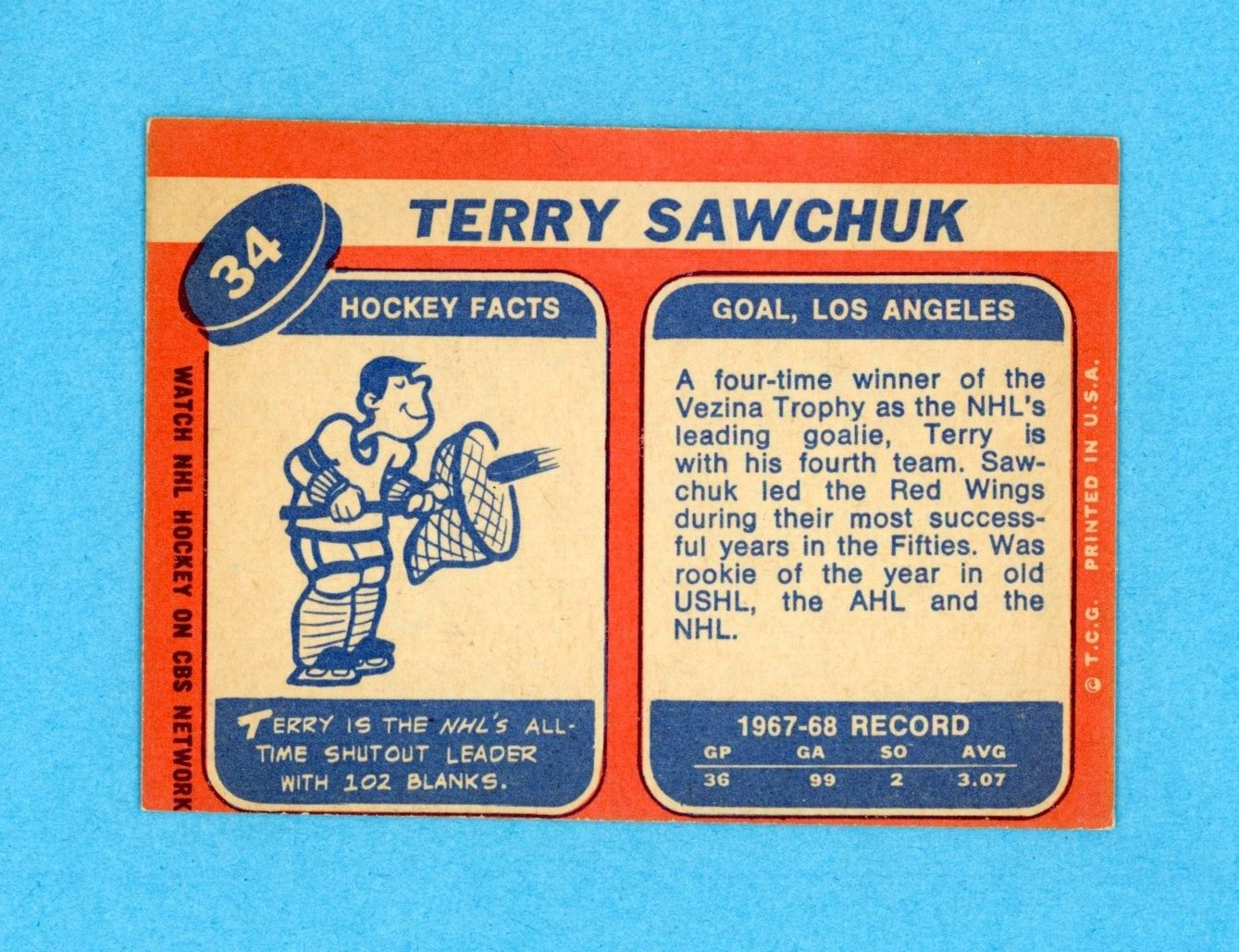 1968-69 Topps #34 Terry Sawchuk Los Angeles Kings Hockey Card EX+ - Ex/Mt o/c