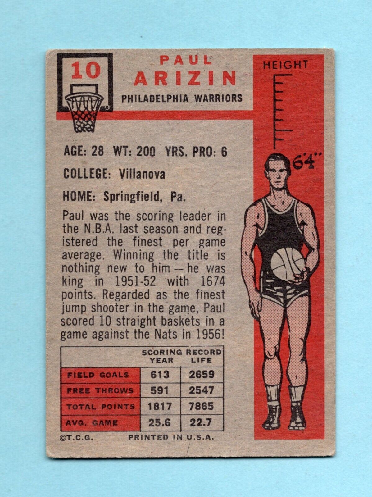 1957-58 Topps #10 Paul Arizin Philadelphia Warriors Rookie Basketball Card Vg/Ex