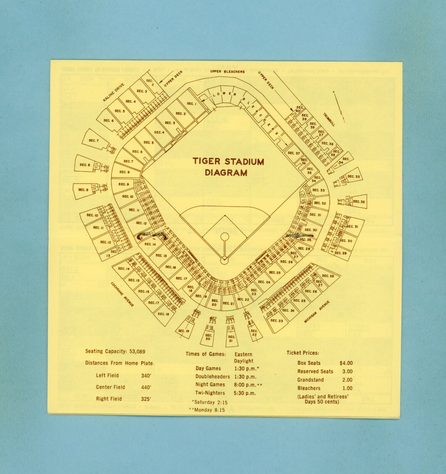 1973 Detroit Tigers Schedule Booklet with Stadium Diagram & Roster