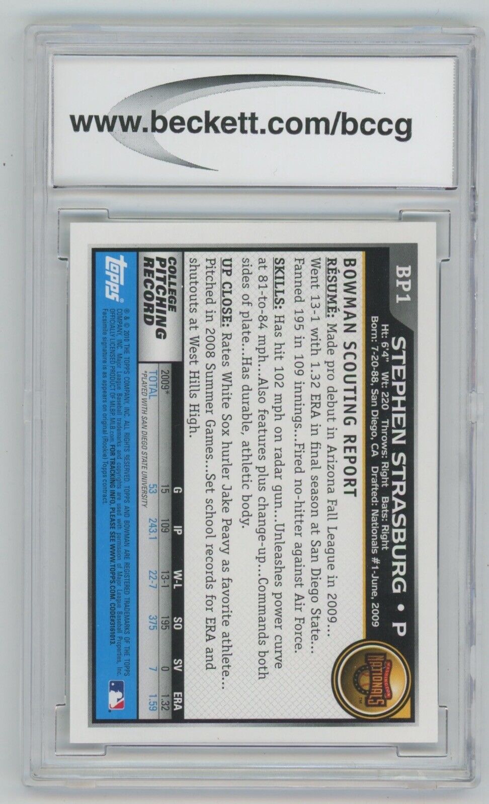 Stephen Strasburg 2010 Bowman Prospects #BP1A • BCCG 10 Mint+