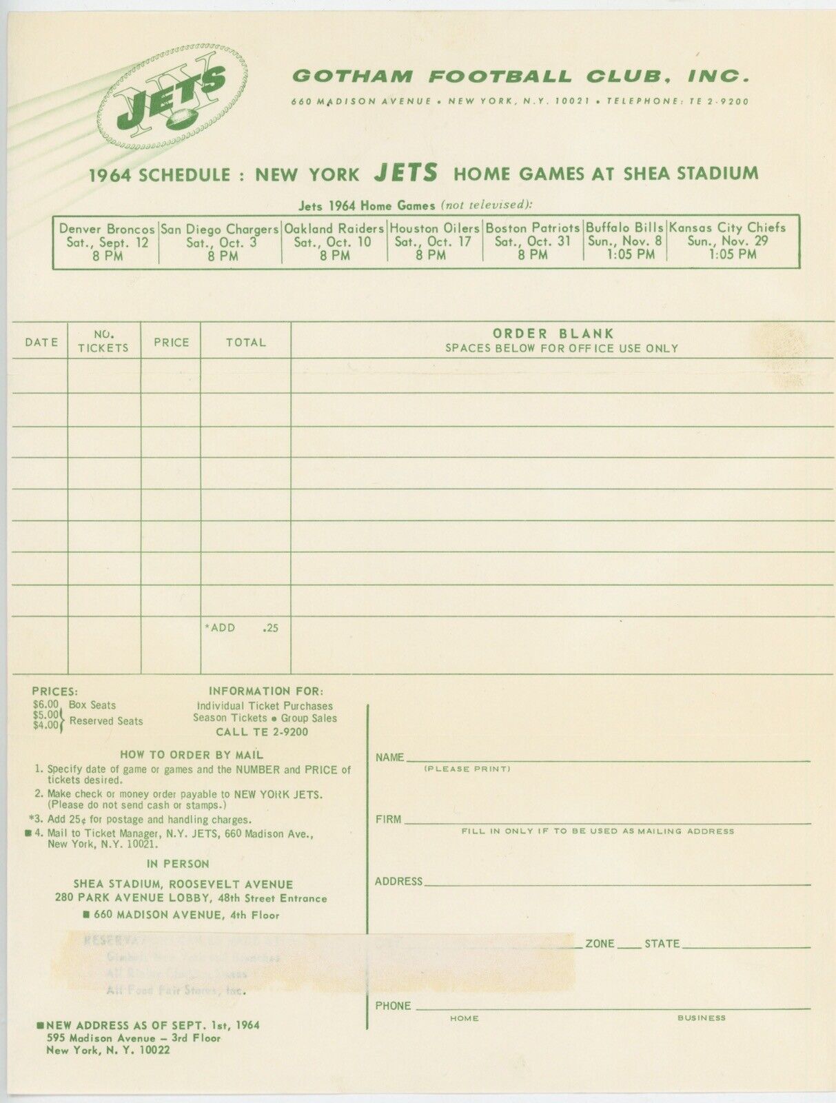 1964 New York Jets Ticket Order Form • 3 Pieces • Gotham FB Club