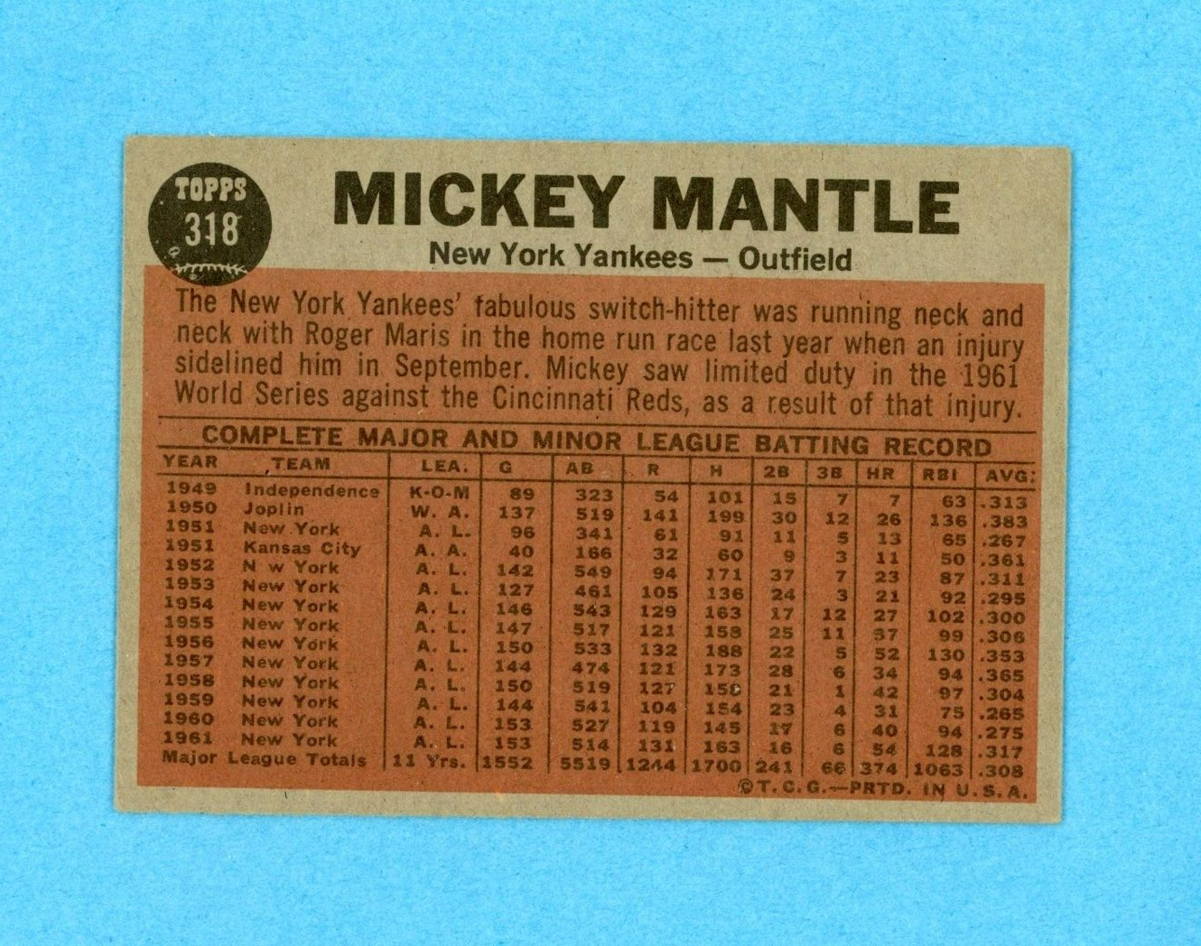 1962 Topps #318 Mickey Mantle The Switch Hitter Connects Baseball Card Vg/Ex-Ex